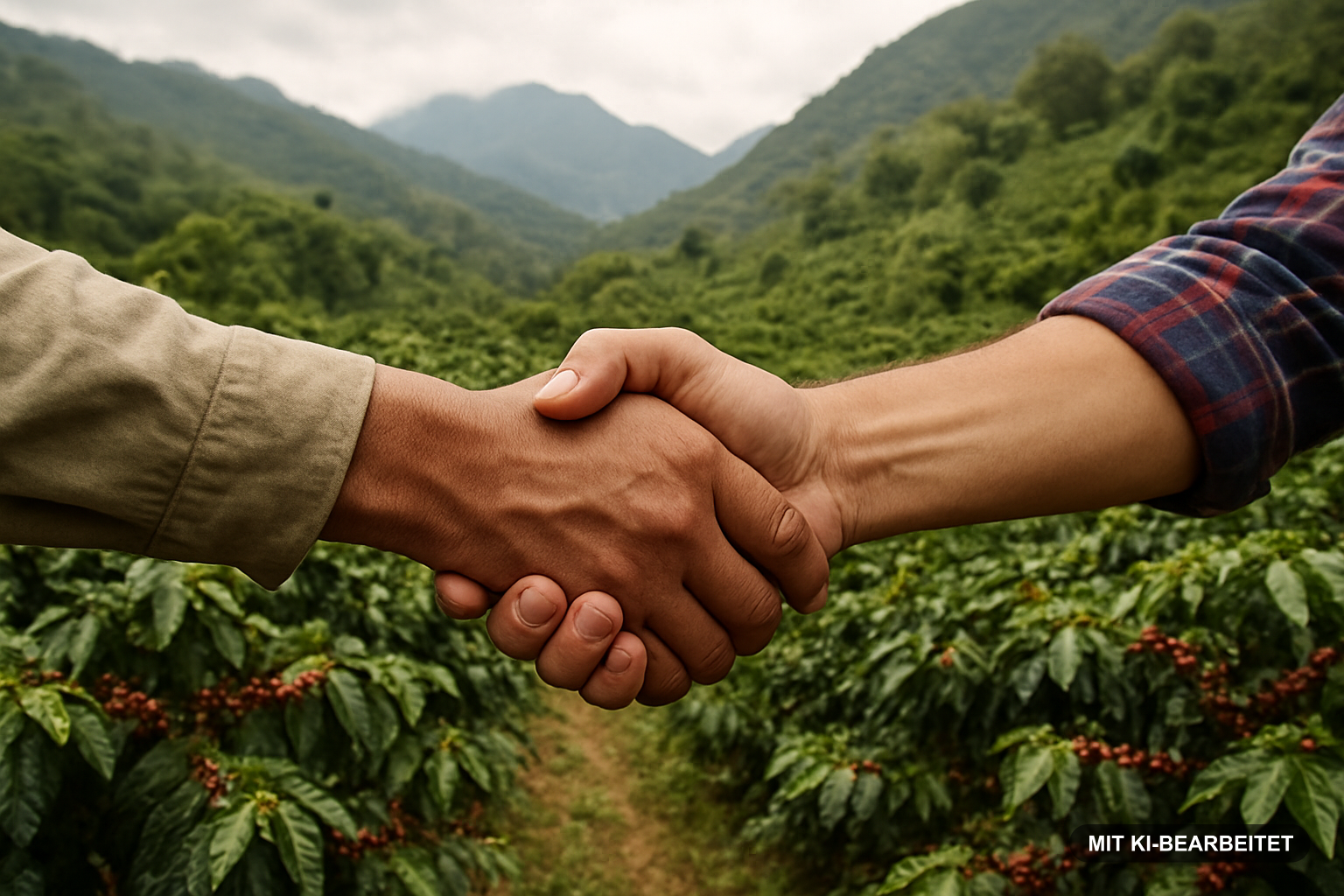 handschlag in den kaffeefeldern perus