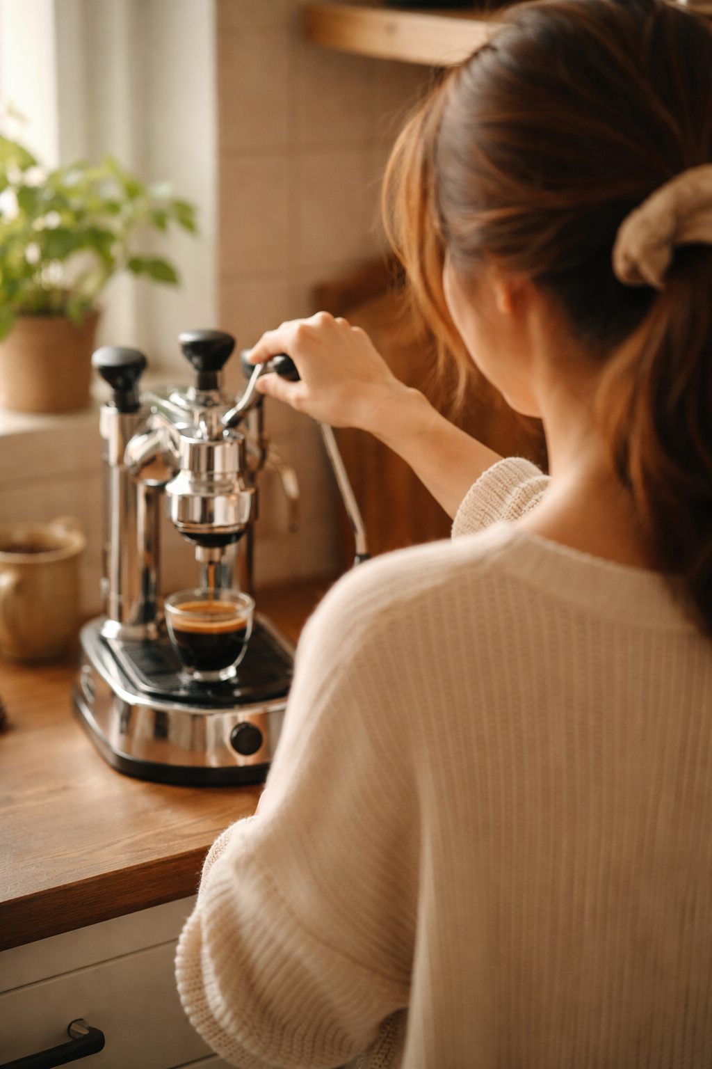frau die espresso an einer manuellen espressomaschine zubereitet