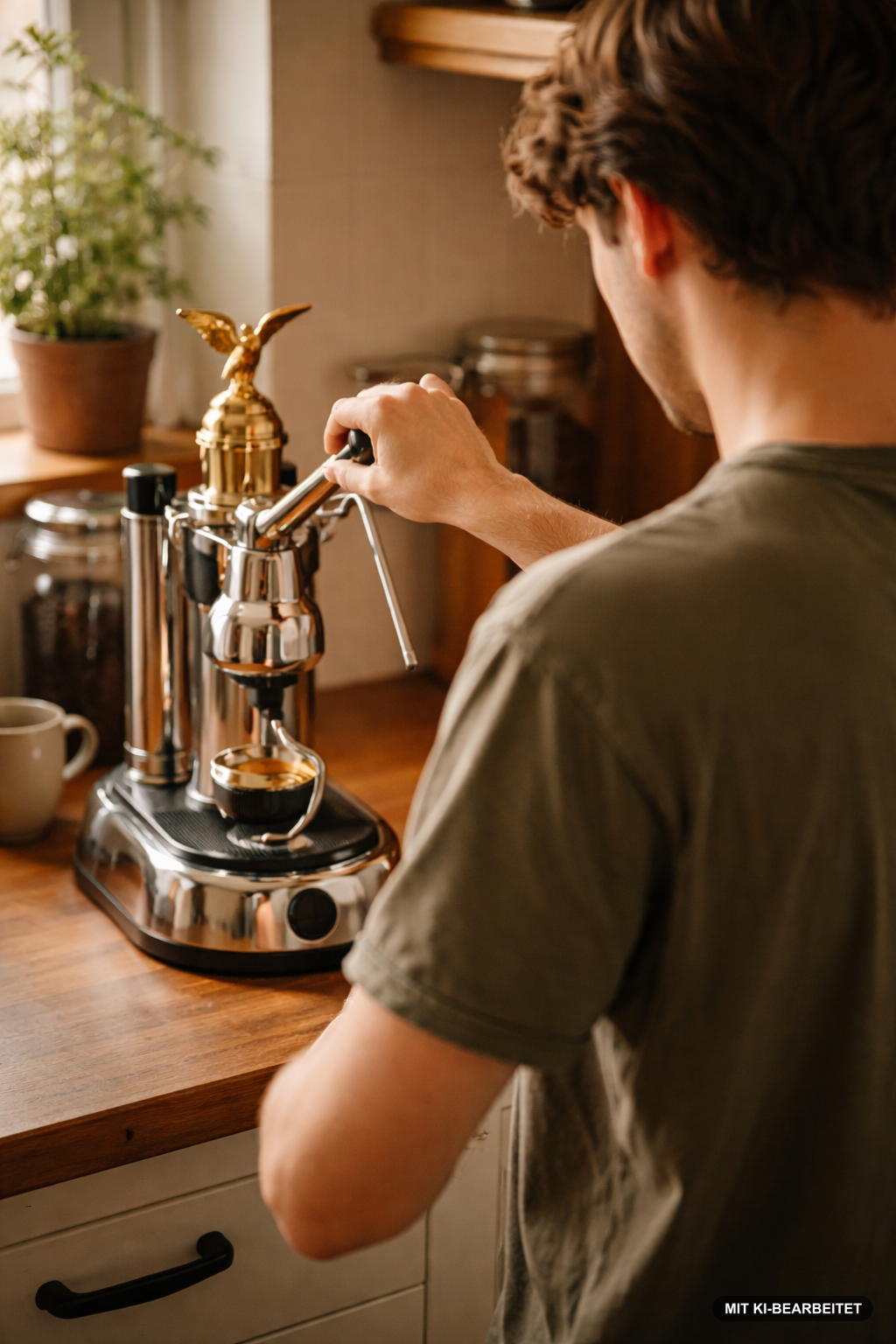 mann an einer espressohebelmaschine