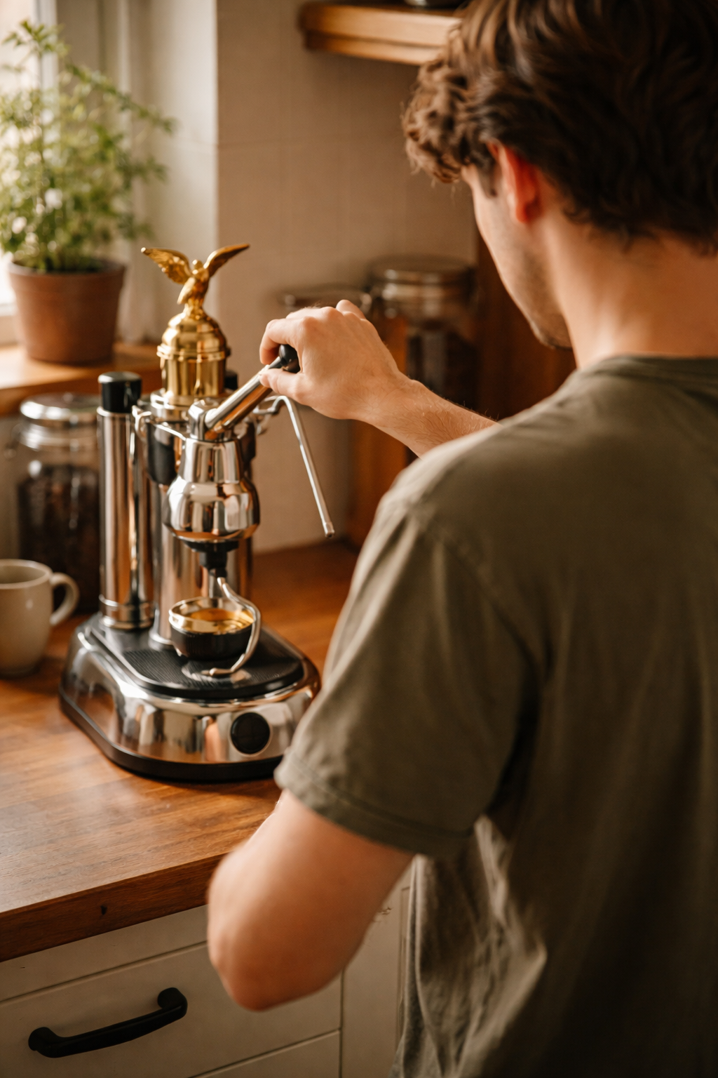 mann bereitet espresso mit einer manuellen espressomaschine zu