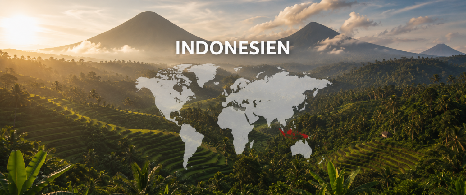 Kaffee aus Indonesien – Anbaugebiet auf den Inseln Kaffeeplantage auf Sumatra in Indonesien mit Weltkarte und markiertem Anbauland