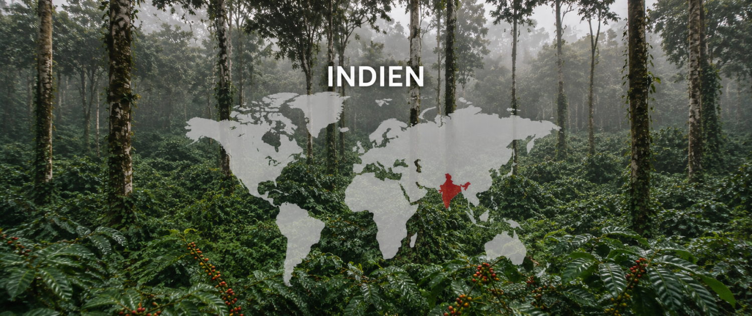 Kaffeeplantage in den Western Ghats in Indien mit Weltkarte und markiertem Anbauland