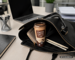 Nicht immer die beste Lösung: To-Go-Kaffee aus dem Discounter blick auf eine handtasche mit einem to go kaffee aus dem discounter